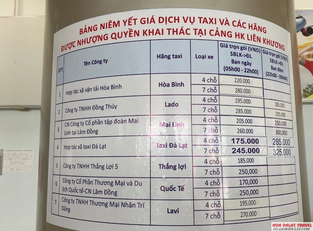Giá cước taxi Đà Lạt đưa đón sân bay Liên Khương