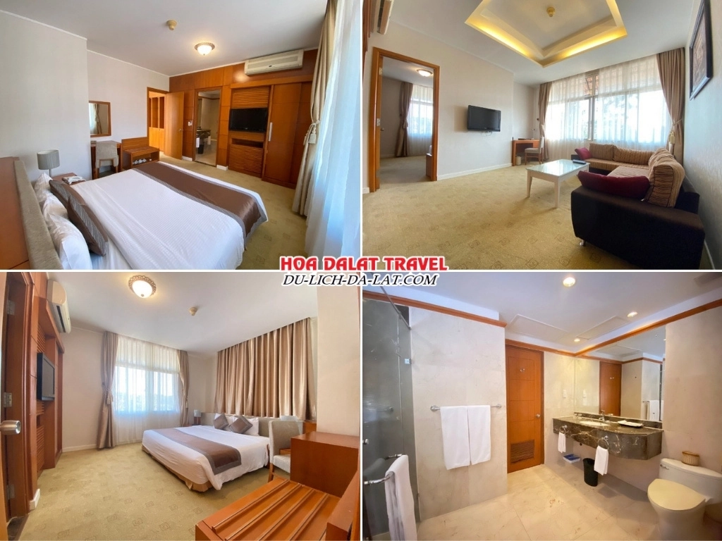 Phòng Executive Suite tại Khách sạn Mường Thanh Holiday Đà Lạt có diện tích khoảng 70m², được thiết kế sang trọng và tinh tế, được trang bị giường đôi cỡ lớn (king size) và nằm ở vị trí có góc nhìn đẹp