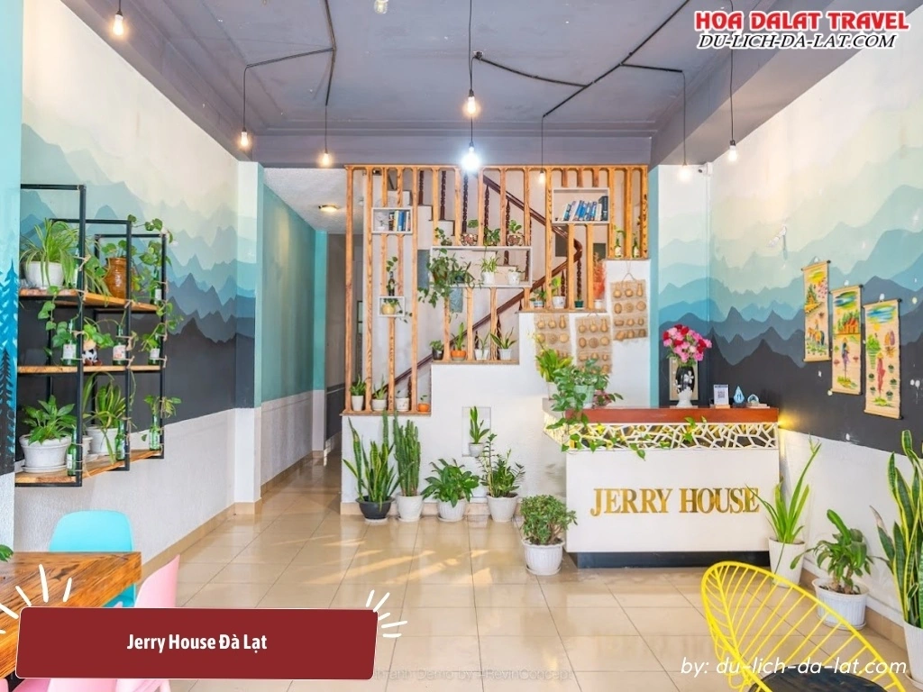 Sảnh chờ lễ tân ở Jerry House Đà Lạt được thiết kế ấm cúng và thân thiện