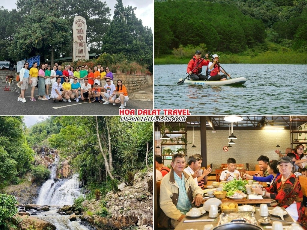 Lịch trình chiều và tối ngày 1 tour du lịch Đà Lạt 2 ngày 1 đêm ghép đoàn tham quan thiền viện Trúc Lâm, hồ Tuyền Lâm, thác Datanla, ăn tối ở buffet rau Leguda