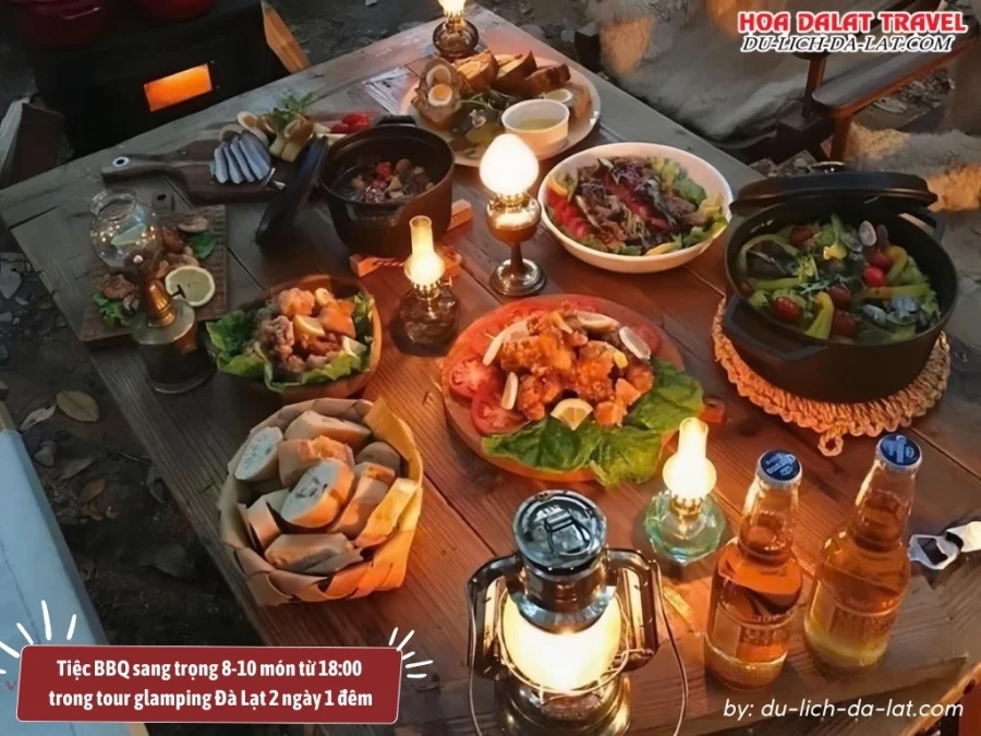 Tiệc BBQ sang trọng 8-10 món của tour glamping Đà Lạt