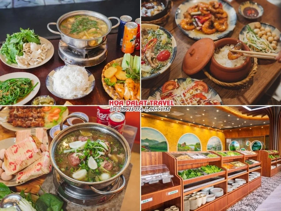 Các món trong bữa trưa khi đi tour Nha Trang Đà Lạt 1 ngày: Lẩu gà lá é, Cơm niêu, Lẩu bò, Buffet rau