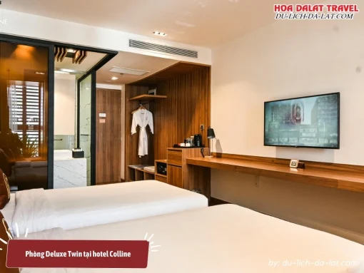 Phòng Deluxe Twin tại Hôtel Colline với hai giường đơn thoải mái, thiết kế hiện đại và không gian tiện nghi, phù hợp cho bạn bè hoặc đồng nghiệp lưu trú