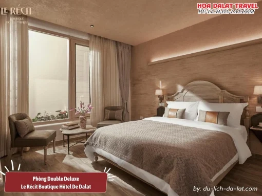 Phòng Double Deluxe tại Le Récit Boutique Hôtel với thiết kế hiện đại, nội thất sang trọng, giường đôi thoải mái và ánh sáng tự nhiên tinh tế