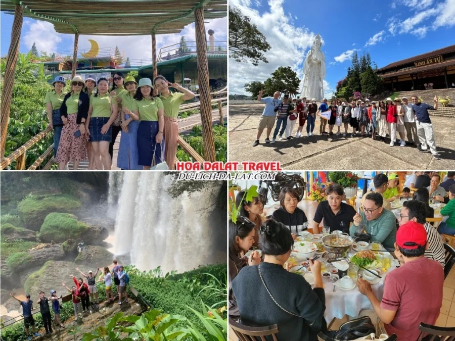 Lịch trình sáng ngày 2 tour Biên Hòa Đà Lạt 3N2Đ trọn gói tham quan Mê Linh Garden Coffee, Chùa Linh Ẩn, Thác Voi, dùng bữa trưa tại nhà hàng