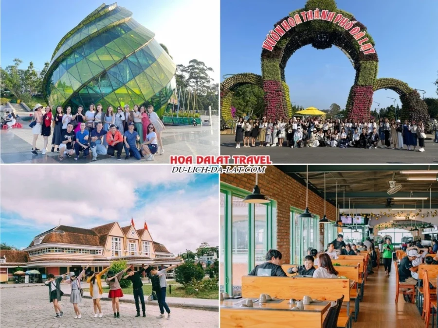 Lịch trình sáng ngày 1 tour Bình Dương Đà Lạt 3N2Đ trọn gói tham quan Quảng trường Lâm Viên, Vườn hoa thành phố Đà Lạt, Nhà Ga Đà Lạt, đến nhà hàng buffet rau Leguda ăn trưa