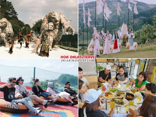 Lịch trình sáng ngày 2 tour ghép đoàn Bình Phước Đà Lạt 3N2Đ tham quan tại GOD Valley, Mongo Land, chơi trượt phao khô, thưởng thức bữa trưa