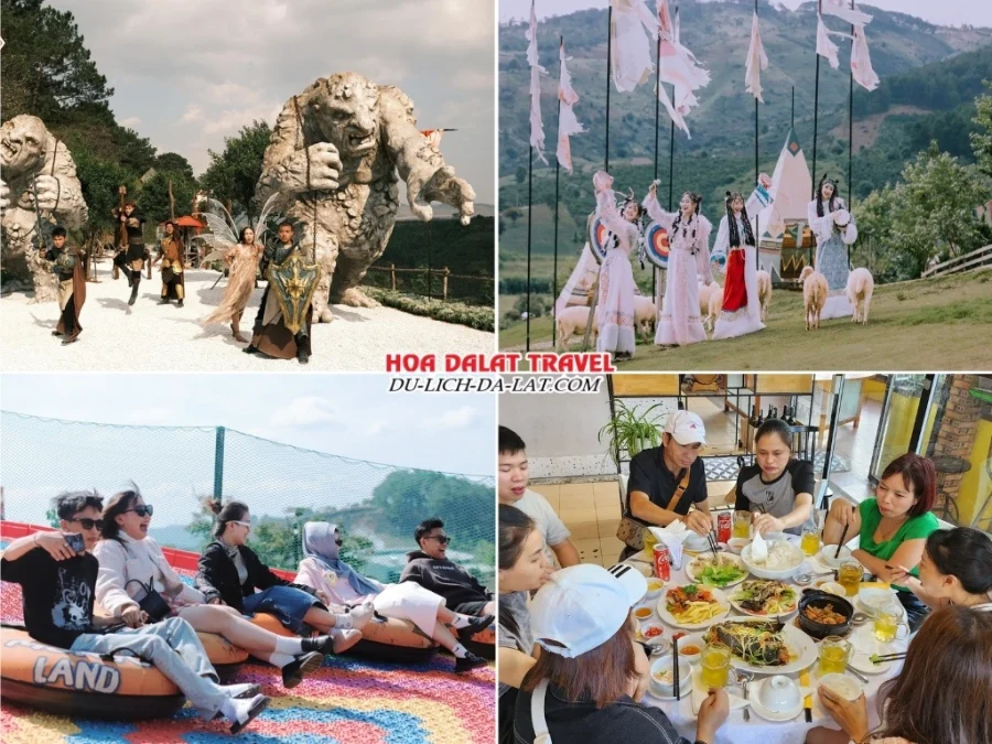 Lịch trình sáng ngày 2 tour ghép đoàn Bình Phước Đà Lạt 3N2Đ tham quan tại GOD Valley, Mongo Land, chơi trượt phao khô, thưởng thức bữa trưa