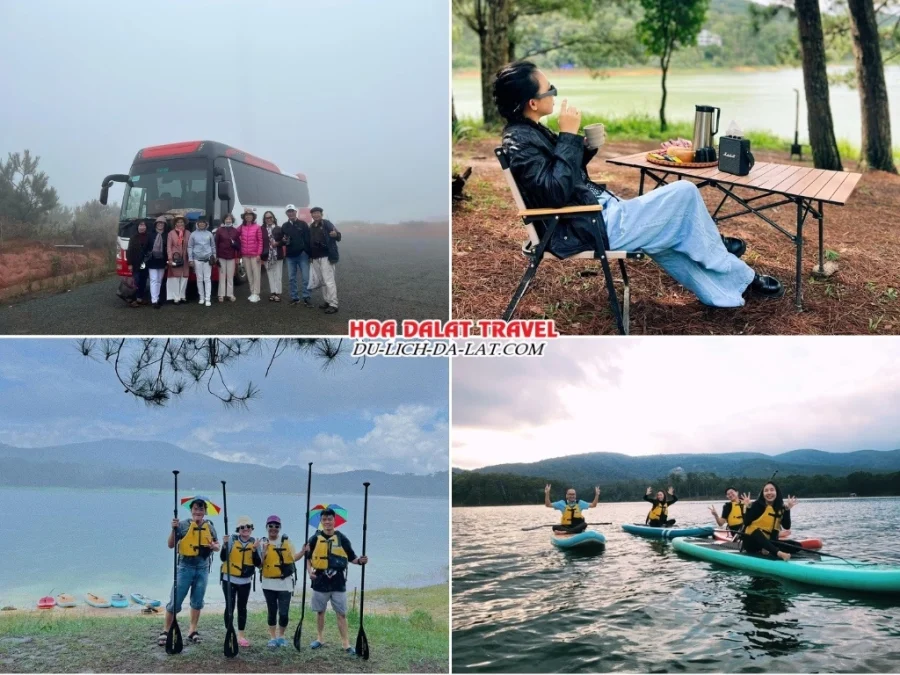 Lịch trình tour chèo SUP buổi sáng: đón khách đến hồ Tuyền Lâm và dùng bữa sáng, hướng dẫn kỹ năng chèo SUP, chèo SUP khám phá hồ