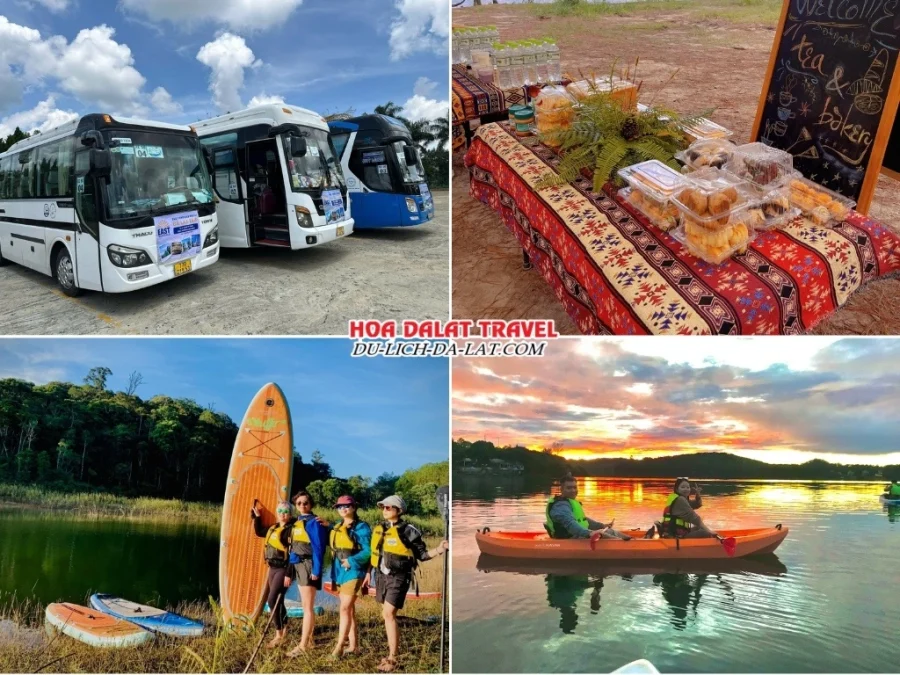 Lịch trình tour chèo SUP buổi chiều: đón khách đến hồ Tuyền Lâm và thưởng thức bánh ngọt và cà phê bên bờ hồ, hướng dẫn kỹ năng chèo SUP, chèo SUP ngắm hoàng hôn trên hồ