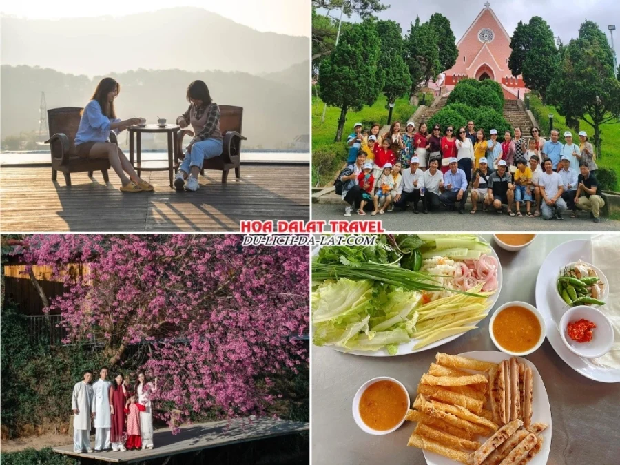 Lịch trình sáng ngày 1 tour du lịch Tết Âm Lịch 3N2Đ trọn gói check-in Bình Minh Ơi Coffee, nhà thờ Domaine de Marie, đường hoa Mai Anh Đào, thưởng thức bữa trưa