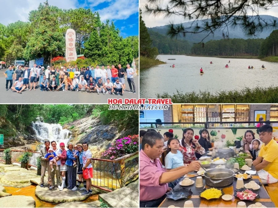 Lịch trình chiều tối ngày 1 tour Đà Nẵng Đà Lạt 3 ngày 2 đêm trọn gói: tham quan thiền viện Trúc Lâm, hồ Tuyền Lâm, Thác Datanla, bữa tối với Buffet rau Leguda