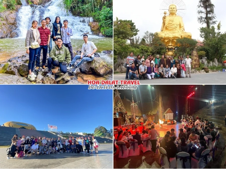 Lịch trình chiều tối ngày 2 tour Đà Nẵng Đà Lạt 3 ngày 2 đêm ghép đoàn: tham quan Thác Datanla, Thiền viện Vạn Hạnh, Quảng Trường Lâm Viên, giao lưu văn hóa Cồng Chiêng Tây Nguyên