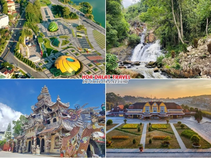 Những điểm đến nổi bật trong tour du lịch Đà Lạt 3n2đ khởi hành từ Hà Nội như quảng trường Lâm Viên, thác Datanla, chùa Linh Phước, nhà ga Đà Lạt