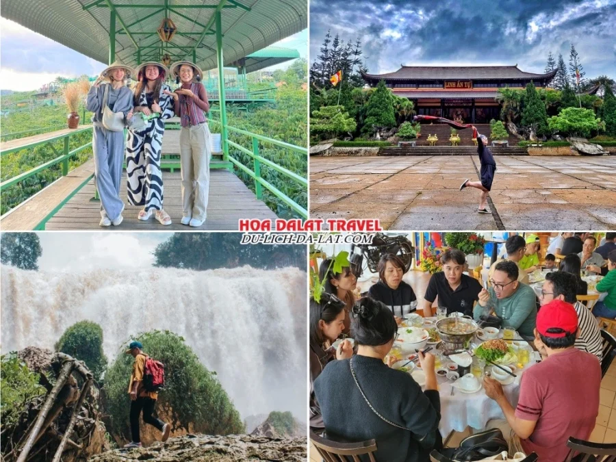 Lịch trình sáng ngày 2 tour Hà Tĩnh Đà Lạt 3n2đ ghép đoàn tham quan Mê Linh Garden Coffee, chùa Linh Ẩn, thác Voi, dùng bữa trưa