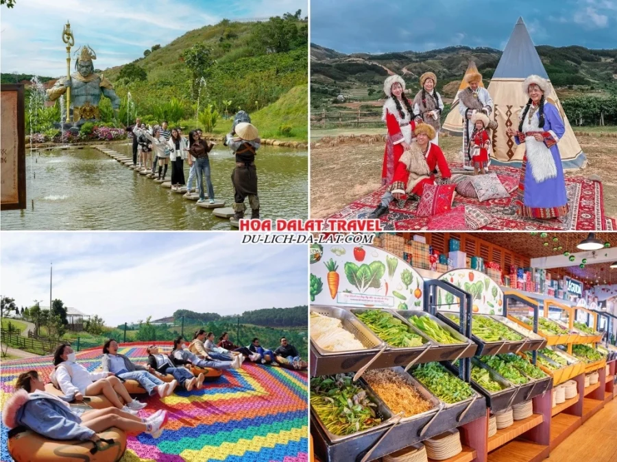 Lịch trình sáng ngày 2 tour Hà Tĩnh Đà Lạt 3n2đ trọn gói tham quan GOD Valley, Mongo Land, trượt phao khô hiện đại tại Mongo Land, thưởng thức bữa trưa buffet rau Leguda