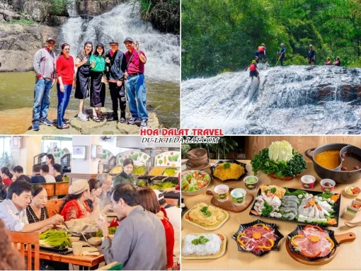 Lịch trình sáng và trưa ngày 1 tour Nha Trang Đà Lạt 2 ngày 1 đêm trọn gói: tham quan thác Datanla, đu dây vượt thác, ăn trưa ở buffet rau Leguda