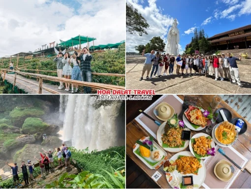 Lịch trình sáng và trưa ngày 2 tour Nha Trang Đà Lạt 2 ngày 1 đêm ghép đoàn: Tham quan Mê Linh Garden Coffee, Chùa Linh Ẩn, thác Voi, ăn trưa tại nhà hàng