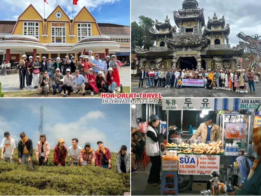 Chương trình chiều ngày 1 tour Nha Trang Đà Lạt 3 ngày 2 đêm: tham quan Ga Đà Lạt, Chùa Linh Phước, Đồi chè Cầu Đất, chợ đêm Đà Lạt