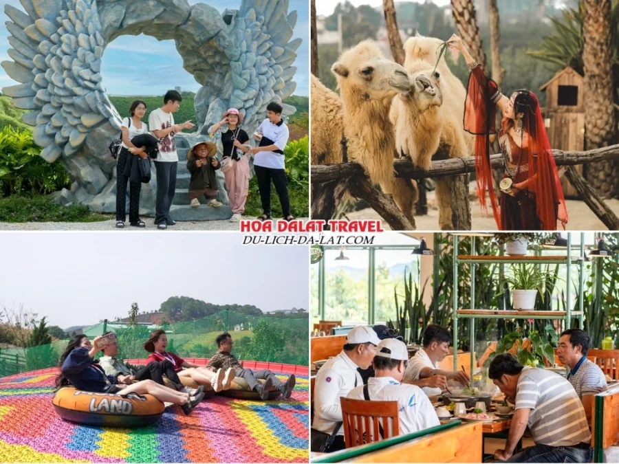 Lịch trình sáng ngày 3 tour Bình Thuận Đà Lạt 3 ngày 2 đêm ghép đoàn: tham quan GOD Valley, Mongo Land, chơi trượt phao khô tại Mongo Land, dùng bữa trưa tại Leguda