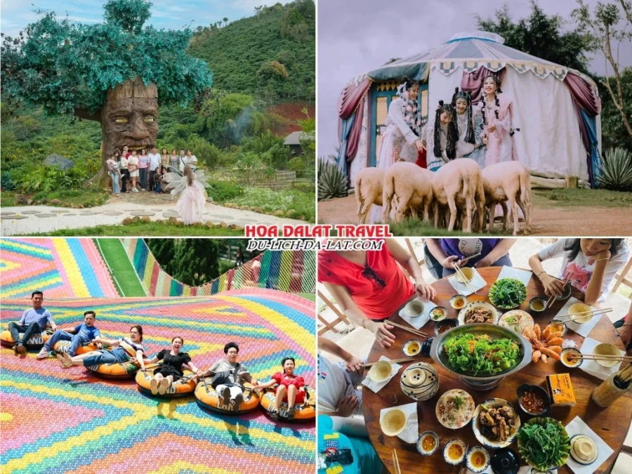 Lịch trình sáng ngày 2 tour Quảng Nam Đà Lạt 3n2đ ghép đoàn ghé thăm GOD Valley, Mongo Land, chơi trượt phao khô tại Mongo Land, dùng bữa trưa