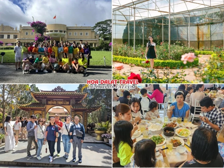 Lịch trình sáng ngày 2 tour Sài Gòn Đà Lạt 3N2Đ ghép đoàn tham quan Dinh 3 Bảo Đại, Vườn hoa thành phố Đà Lạt, Thiền viện Trúc Lâm, dùng bữa trưa