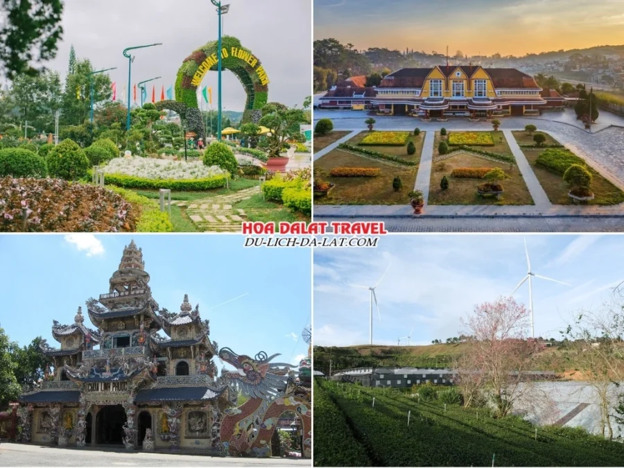 Các điểm đến nổi bật của tour Sài Gòn Đà Lạt 3 ngày 2 đêm như vườn hoa thành phố, nhà ga xe lửa, chùa Ve Chai, đồi chè Cầu Đất