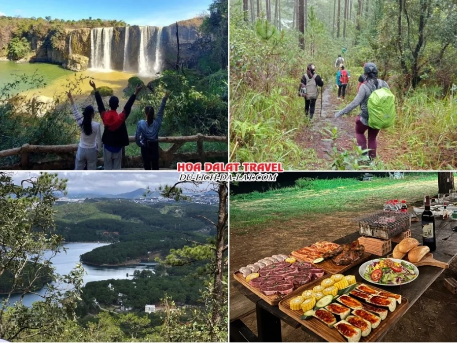 Lịch trình buổi sáng tour trekking – chèo SUP hồ Tuyền Lâm: đến khu du lịch Thác Bảo Đại, trekking rừng thông bạt ngàn, hướng đến núi Samson, dùng bữa trưa bên hồ Tuyền Lâm