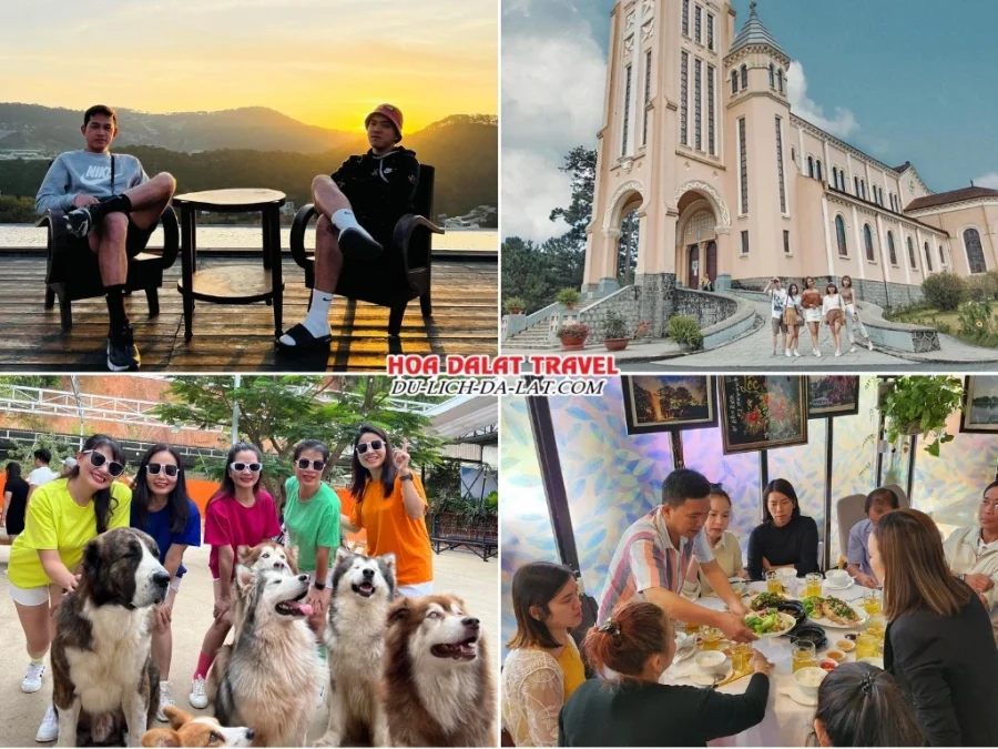 Lịch trình sáng ngày 1 tour trọn gói Vũng Tàu Đà Lạt 2 ngày 1 đêm: tham quan coffee Bình Minh Ơi, nhà thờ Con Gà, Puppy Farm, dùng bữa trưa tại nhà hàng