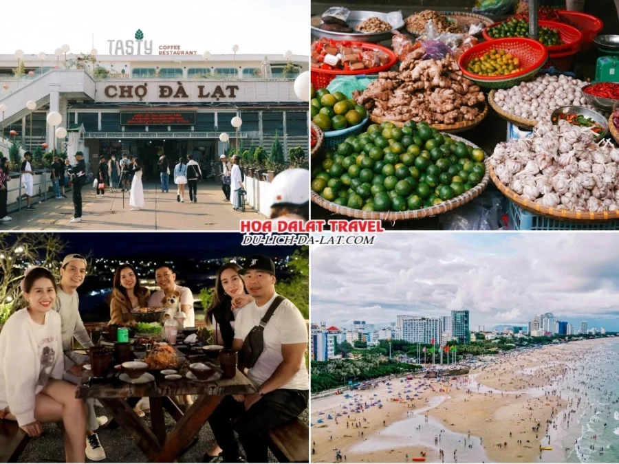 Lịch trình chiều tối ngày 2 tour trọn gói Vũng Tàu Đà Lạt 2 ngày 1 đêm: tham quan chợ Đà Lạt, mua sắm, ăn tối, trở về Vũng Tàu