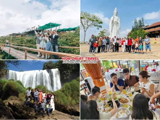 Lịch trình sáng ngày 2 tour Bến Tre Đà Lạt trọn gói 4 ngày 3 đêm tham quan Mê Linh Garden Coffee, Chùa Linh Ẩn, Thác Voi, dùng bữa trưa tại nhà hàng