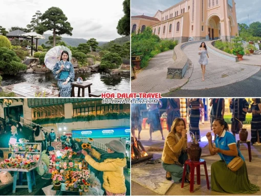 Lịch trình chiều ngày 2 tour Bến Tre Đà Lạt ghép đoàn 4 ngày 3 đêm tham quan Hoàng Long Ohayo, ghé thăm Nhà thờ Con Gà, Dạo quanh chợ đêm Đà Lạt hoặc Tham gia chương trình giao lưu văn hóa Cồng Chiêng Tây Nguyên vào buổi tối