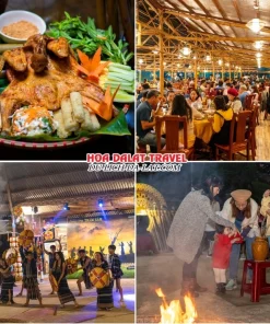 Lịch trình tối ngày 3 tour Biên Hoà Đà Lạt trọn gói 4 ngày 3 đêm dùng bữa tối tại một nhà hàng địa phương dưới chân núi LangBiang, tham gia chương trình giao lưu văn hóa Cồng Chiêng Tây Nguyên