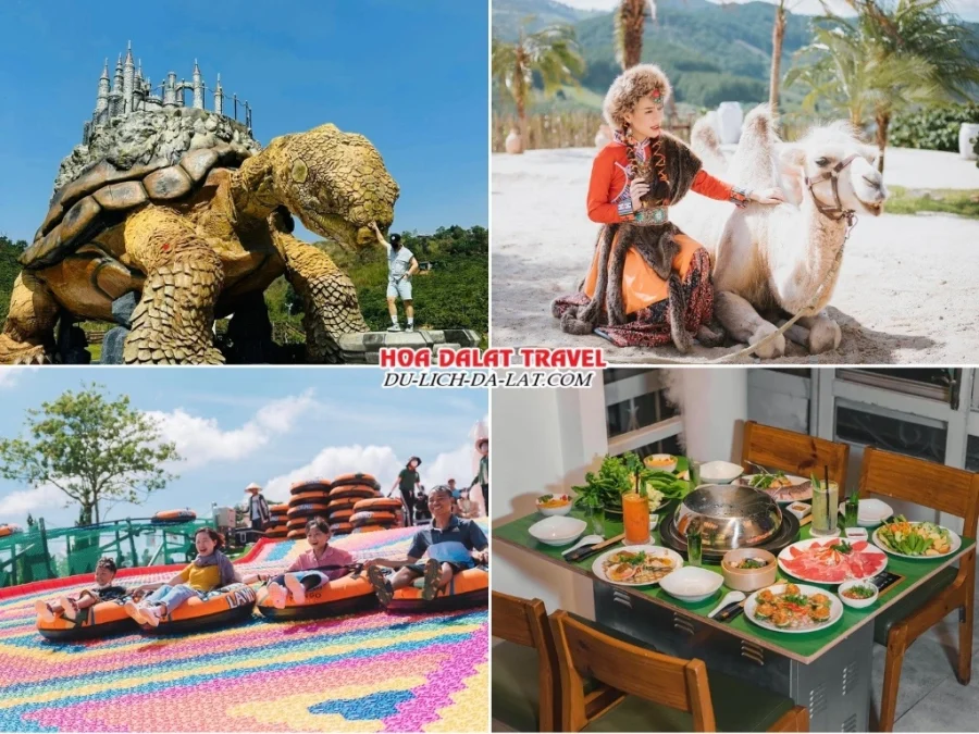 Lịch trình sáng ngày 4 tour Đà Lạt ghép đoàn 5 ngày 4 đêm ghé thăm GOD Valley, Mongo Land, chơi trượt phao khô tại Mongo Land, thưởng thức bữa trưa tại nhà hàng
