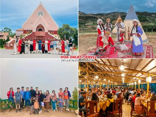 Lịch trình chiều ngày 2 tour Đà Lạt lễ 30 tháng 4 trọn gói 3 ngày 2 đêm tham quan Nhà thờ Domaine, Mongo Land, Khu du lịch Langbiang, thưởng thức bữa tối