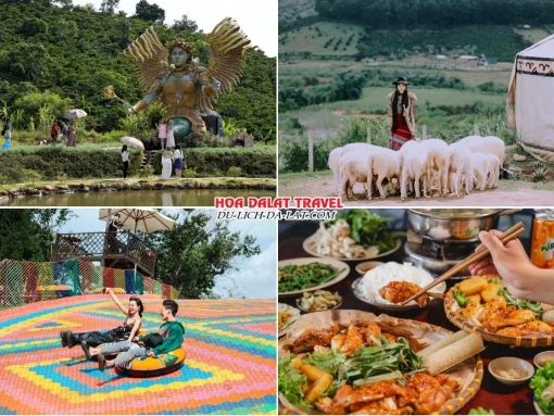 Lịch trình sáng ngày 3 tour Đà Lạt Lễ 30 tháng 4 ghép đoàn 4 ngày 3 đêm Check in GOD Valley, Mongo Land, chơi trượt phao khô tại Mongo Land, dùng bữa trưa tại một nhà hàng