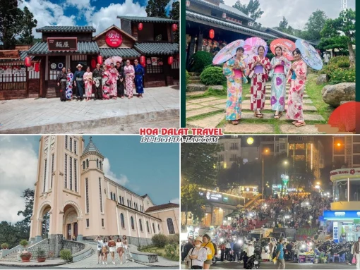 Lịch trình chiều ngày 3 tour Đà Lạt Tết Âm Lịch trọn gói 4 ngày 3 đêm tham quan Hoàng Long Ohayo, Nhà thờ Con Gà, tự do khám phá thành phố Đà Lạt về đêm