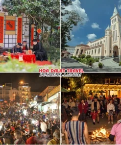 Lịch trình chiều ngày 2 tour Đà Lạt Tết Âm Lịch ghép đoàn 4 ngày 3 đêm ghé thăm Hoàng Long Ohayo, Nhà thờ Con Gà, Dạo quanh chợ đêm Đà Lạt, Tham gia chương trình giao lưu văn hóa Cồng Chiêng Tây Nguyên