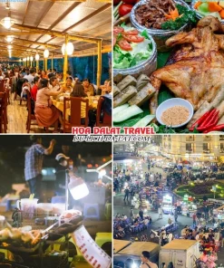 Lịch trình tối ngày 2 tour Đồng Nai Đà Lạt ghép đoàn 3 ngày 2 đêm dùng bữa tối tại một nhà hàng dưới chân núi Langbiang, dạo quanh chợ đêm Đà Lạt