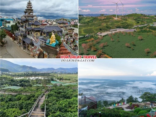 Các điểm đến nổi bật của tour Đồng Nai Đà Lạt 3 ngày 2 đêm như chùa Linh Phước, đồi chè Cầu Đất, cafe Mê Linh, Langbiang