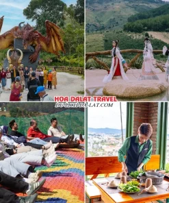 Lịch trình sáng ngày 2 tour Hà Tĩnh Đà Lạt trọn gói 4 ngày 3 đêm tham quan GOD Valley, Mongo Land, chơi trượt phao khô hiện đại tại Mongo Land, dùng bữa trưa buffet rau tại nhà hàng Leguda