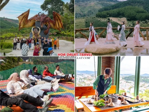 Lịch trình sáng ngày 2 tour Hà Tĩnh Đà Lạt trọn gói 4 ngày 3 đêm tham quan GOD Valley, Mongo Land, chơi trượt phao khô hiện đại tại Mongo Land, dùng bữa trưa buffet rau tại nhà hàng Leguda