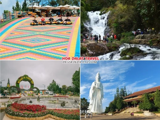 Những điểm đến nổi bật trong tour Hà Tĩnh đi Đà Lạt 4 ngày 3 đêm như Mongo Land, thác Datanla, vườn hoa thành phố Đà Lạt, chùa Linh Ẩn