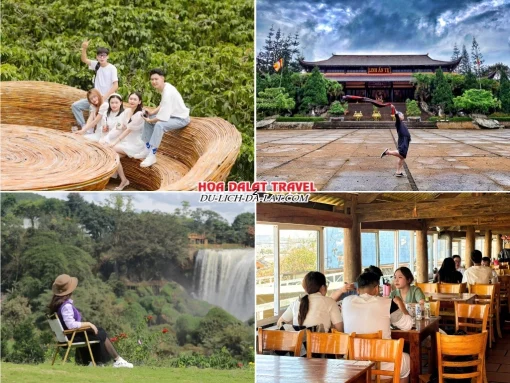 Lịch trình sáng ngày 2 tour Huế đi Đà Lạt 3 ngày 2 đêm ghép đoàn tham quan Mê Linh Garden Coffee, Chùa Linh Ẩn, Thác Voi và dùng bữa trưa