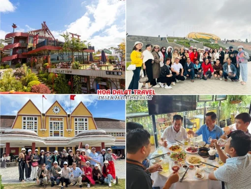 Lịch trình sáng ngày 1 tour Huế đi Đà Lạt 3 ngày 2 đêm trọn gói tham quan Đà Lạt View, Quảng trường Lâm Viên, Nhà ga xe lửa Đà Lạt, dùng bữa trưa