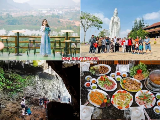 Lịch trình sáng ngày 2 tour Huế Đà Lạt ghép đoàn 4 ngày 3 đêm tham quan Mê Linh Garden Coffee, Chùa Linh Ẩn, Thác Voi, dùng bữa trưa