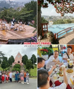 Lịch trình sáng ngày 1 tour Quảng Bình Đà Lạt trọn gói 4 ngày 3 đêm đến quán cà phê Dalat View, tham quan Nhà thờ Domaine, dùng bữa trưa