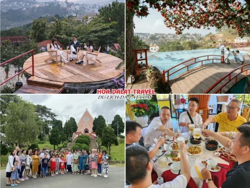 Lịch trình sáng ngày 1 tour Quảng Bình Đà Lạt trọn gói 4 ngày 3 đêm đến quán cà phê Dalat View, tham quan Nhà thờ Domaine, dùng bữa trưa