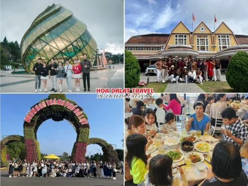 Lịch trình sáng ngày 1 tour Quảng Nam Đà Lạt trọn gói 4 ngày 3 đêm khám phá Quảng trường Lâm Viên, Nhà ga Đà Lạt, Vườn hoa thành phố, dùng bữa trưa tại nhà hàng