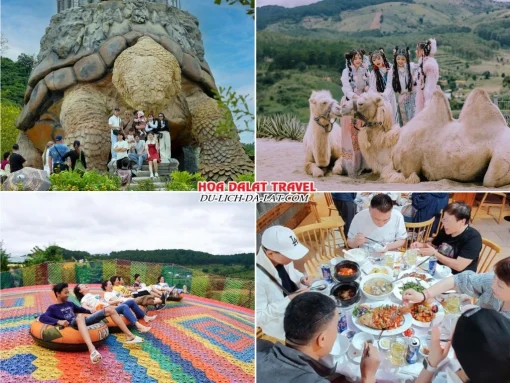 Lịch trình sáng ngày 2 tour Quảng Nam Đà Lạt ghép đoàn 4 ngày 3 đêm Ghé thăm GOD Valley, Mongo Land, chơi trượt phao khô tại Mongo Land, thưởng thức bữa trưa